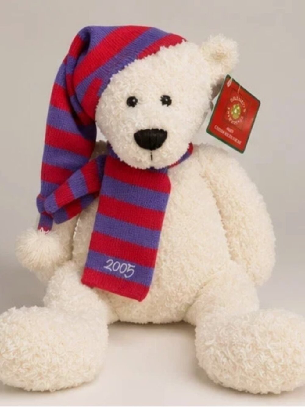 [Original Tags] Dillard's Christmas Bear, 2005; Cream Fur with Red/Purple Scarf